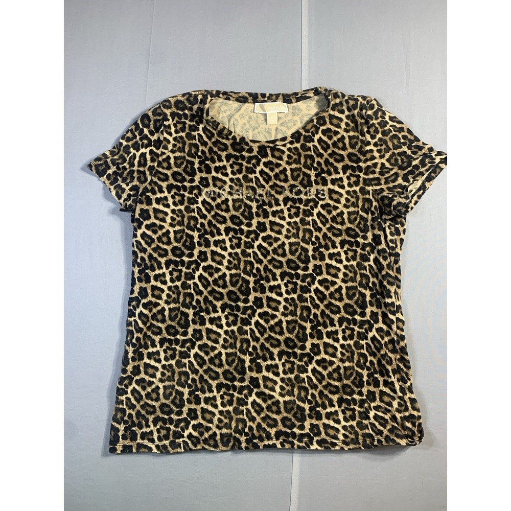 MICHAEL KORS BROWN LEOPARD ANIMAL PRINT LOGO T-SHIRT TOP XL